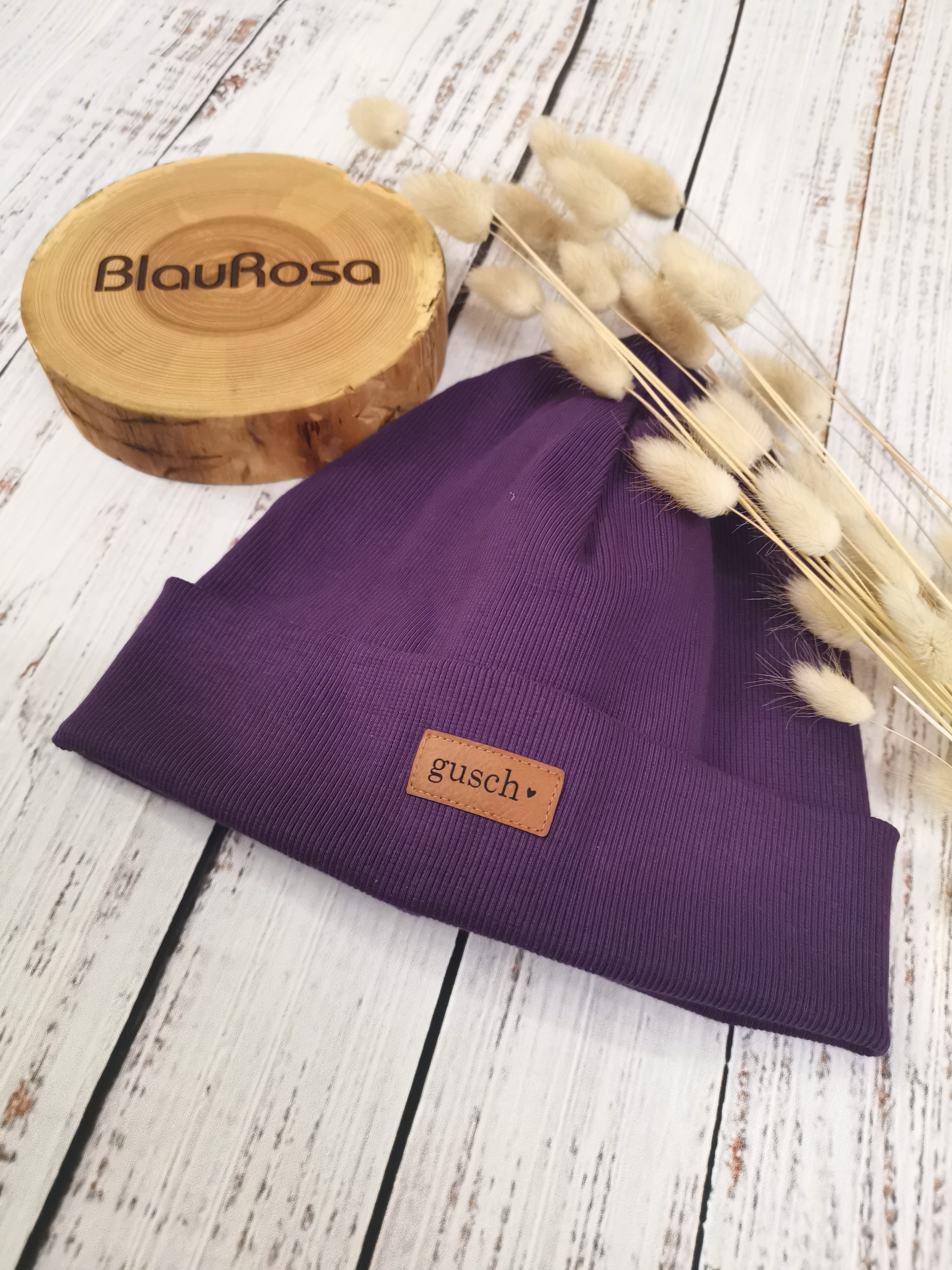  Beanie mit Label - violett/gusch - Gr 6 (KU 54-57 cm)