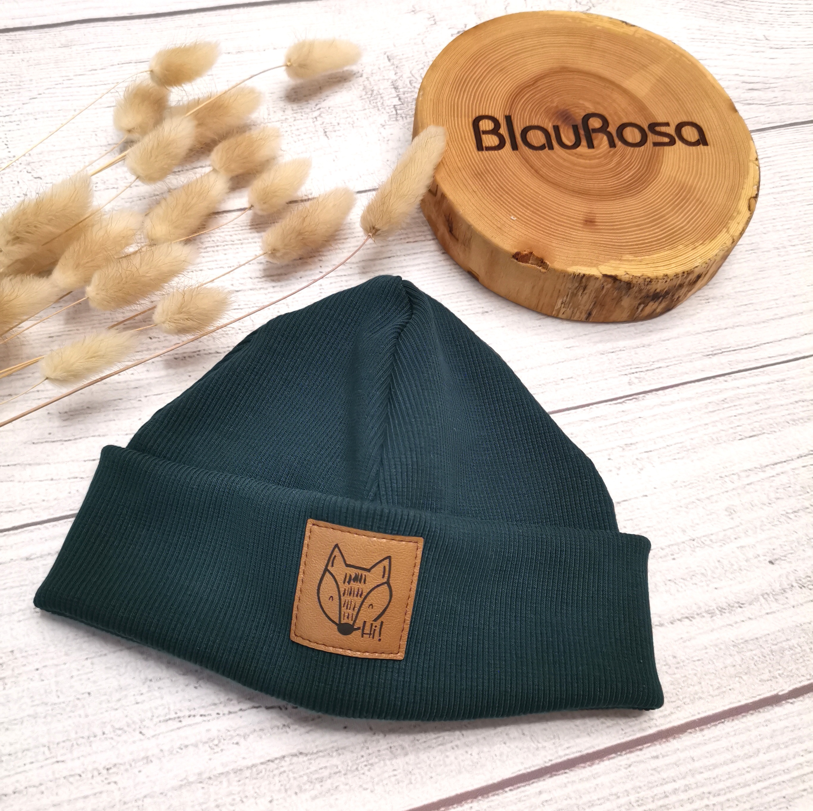  Beanie mit Label - bottlegreen/Fuchs - Gr 3 (KU 42-45 cm)